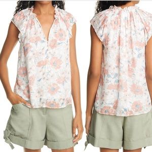 Rebecca Taylor Amelie Fleur Silk Ruffle Sleeve Top, in Snow Combo, Size S, NWT